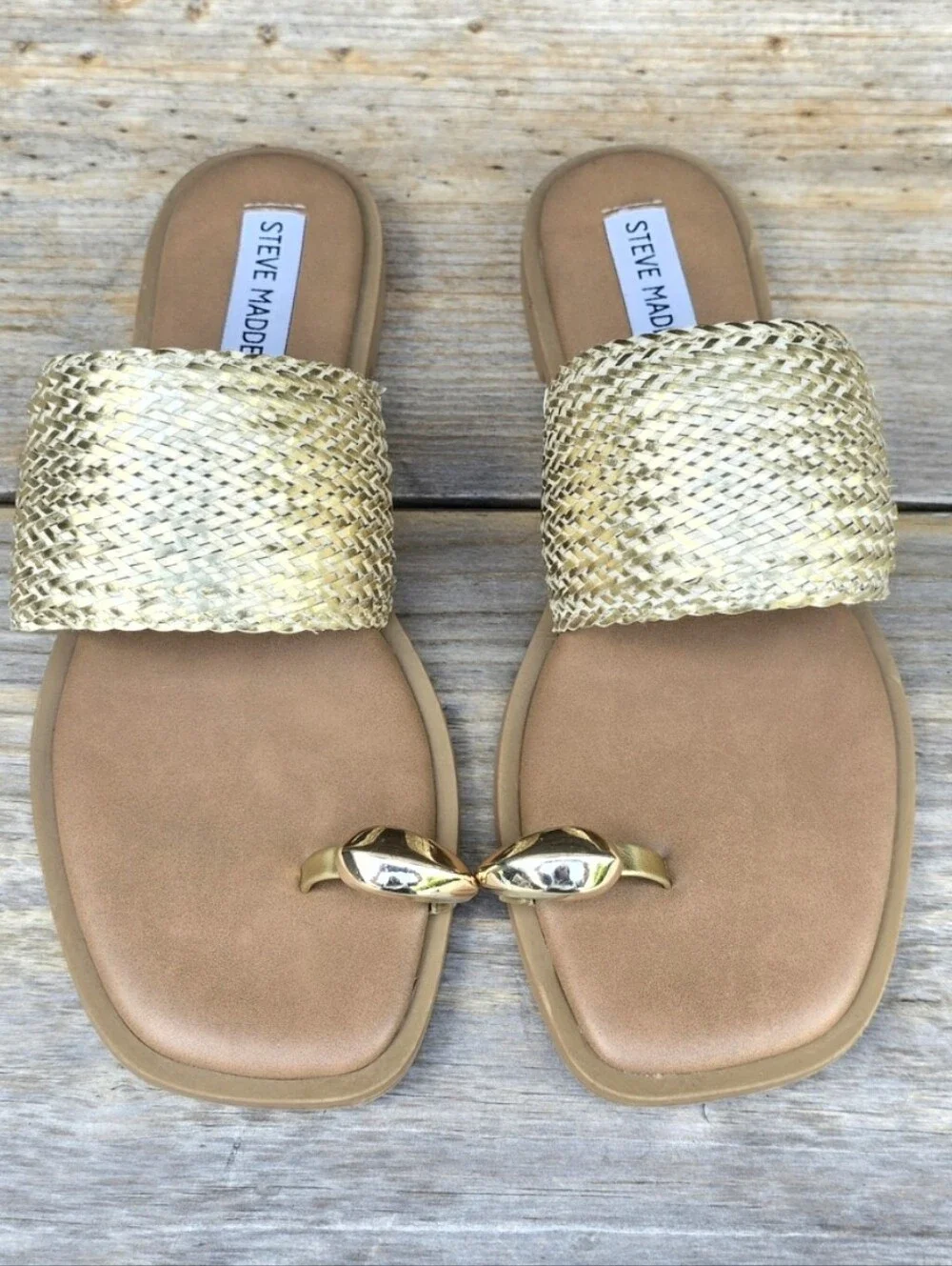 Steve Madden Dacey Y2K Coastal Boho Metallic Woven Toe Ring Slide Sandals 7M